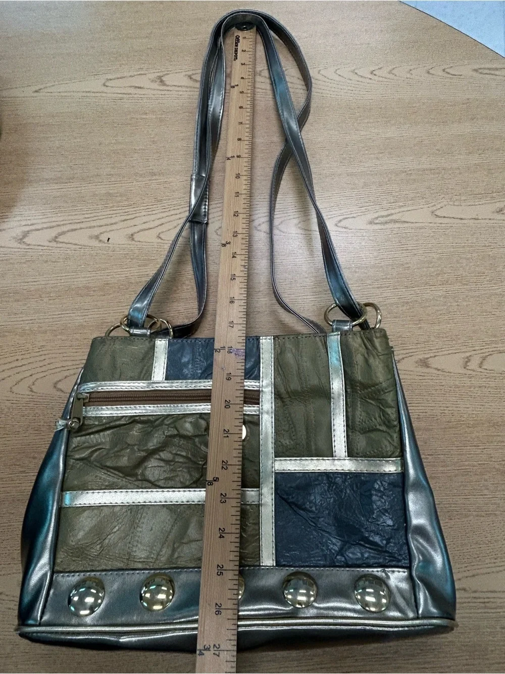 Vintage Warren Reed leather Metallic Patchwork Shoulder Bag with Gold Accents